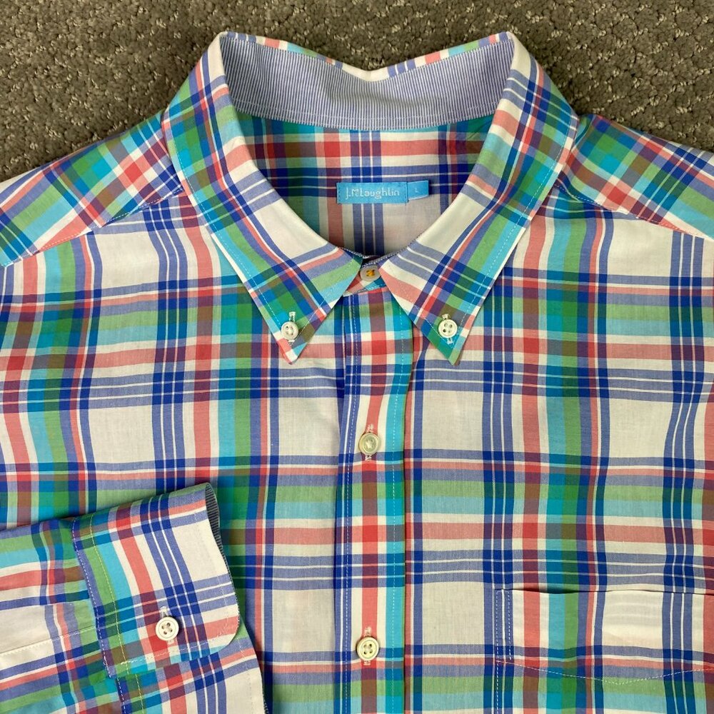 J. McLaughlin Button Down Shirt Men's Large Plaid Cotton Green White Blue Red